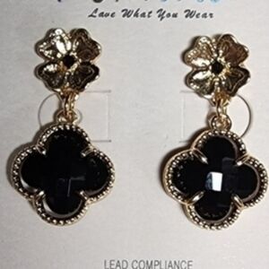 Black and Gold Clover Dangle Earrings